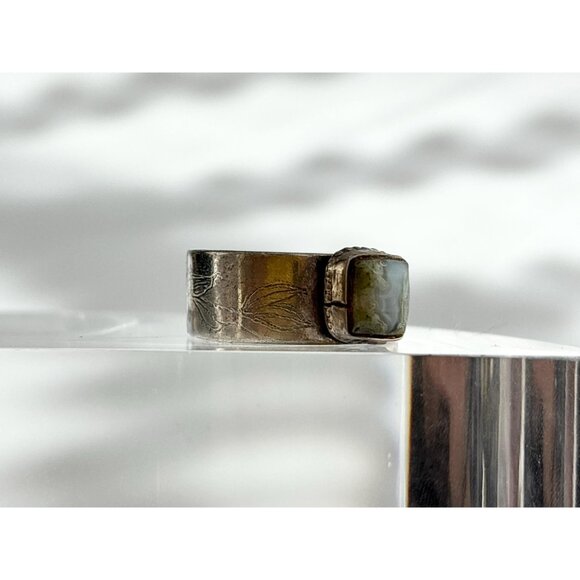 Jasper Gemstone Straight Banded Carved Pewter Statement Vintage Ring - sz 11 - Picture 4 of 13